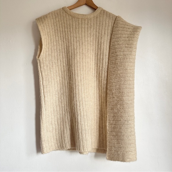 VINTAGE MOHAIR WOOL KNIT PONCHO SLEEVELESS TUNIC SWEATER SAND BEIGE NATURAL M-XL - Picture 6 of 10